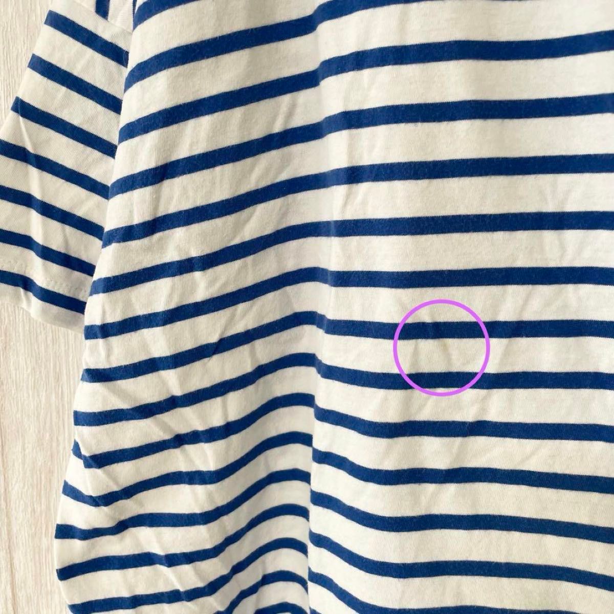 【ニコアンド】ドロップショルダー ボーダー カットソー/クルーネック/体型カバー 半袖 Tシャツ ホワイト ブルー オーバーサイズ