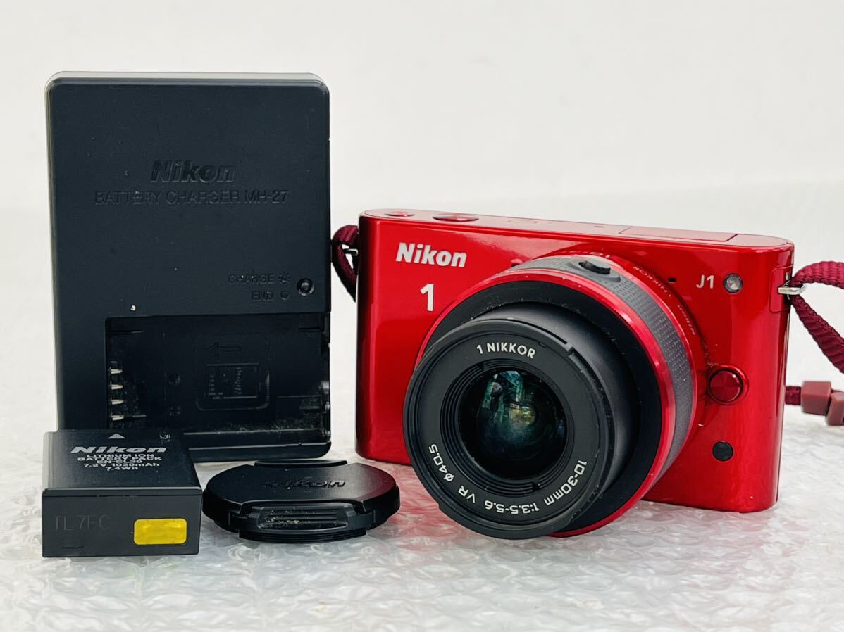 I♪ 動作品 ニコン Nikon 1 J1 レッド 1 Nikkor 10-30mm F3.5-5.6 VR ミラーレス一眼 ボディレンズセット _画像1