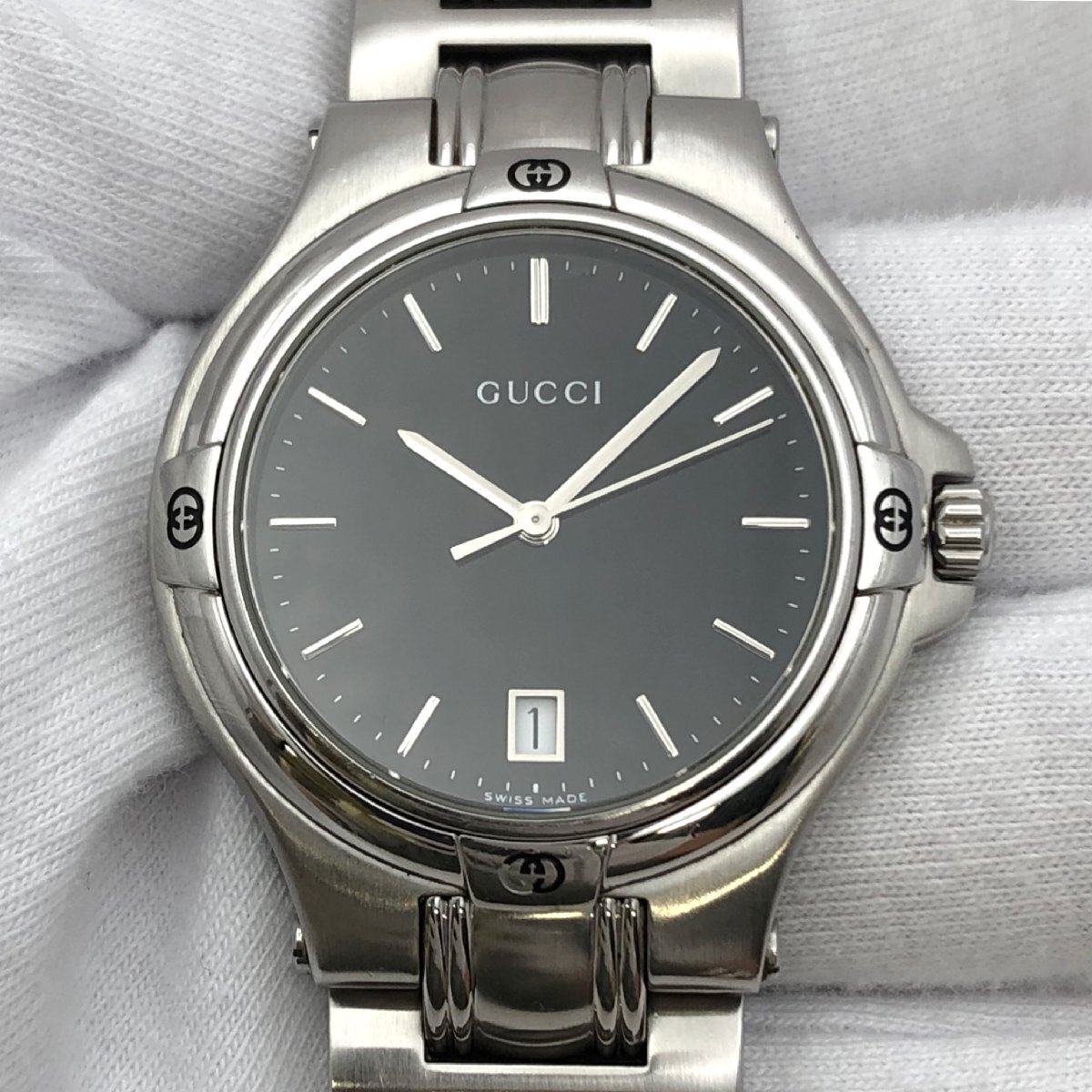 1円～/GUCCI/グッチ/9040M/3針/デイト/黒文字盤/シルバーカラー/ラウンド/クォーツ/メンズ腕時計/ジャンク/T063_画像5