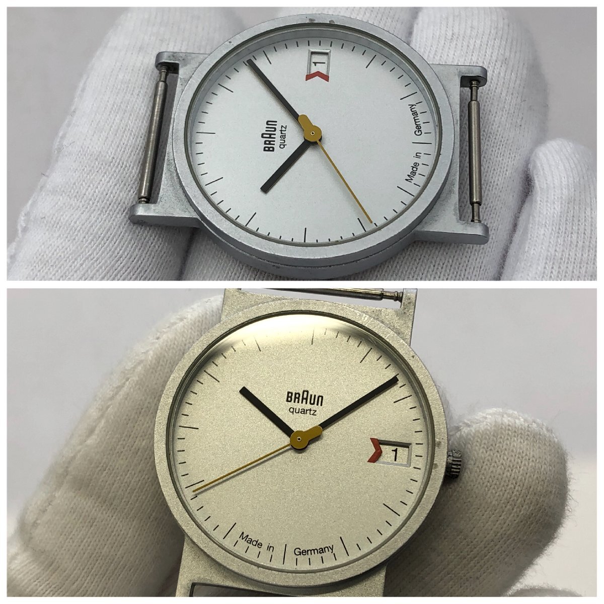 1 jpy ~/BRAUN/ Brown /3 802/Made in Germany/ 3 hands / Date / silver face / silver color / round / quartz / men's wristwatch / Junk /T135