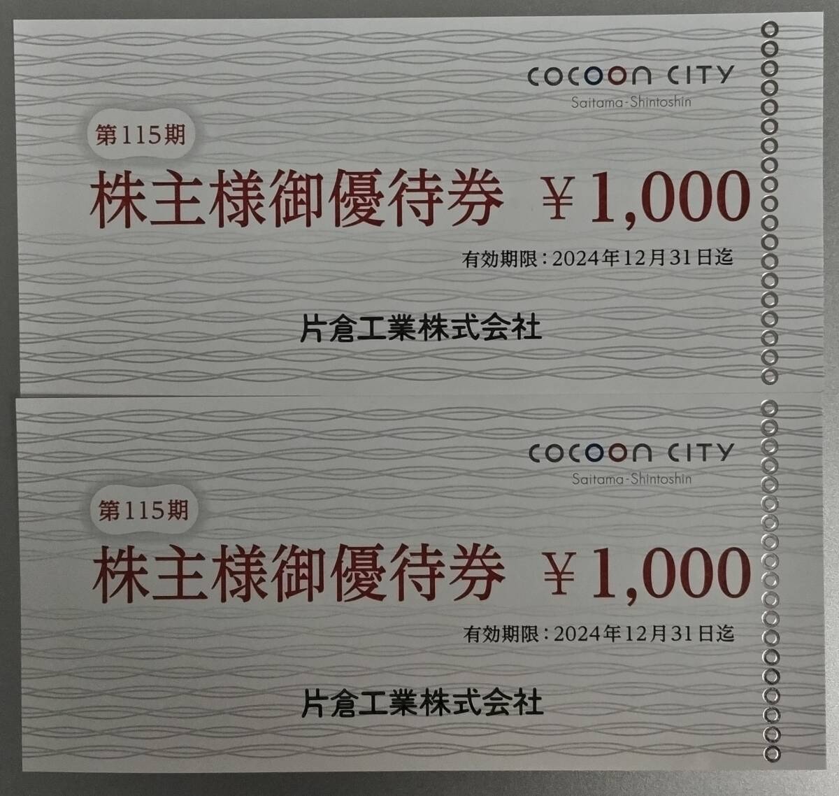 片倉工業 コクーンシティ 株主優待券 1000円×2枚セット 2000円分 COCOON CITY 株主様御優待券 有効期限2024.12.31 送料63円～の画像1