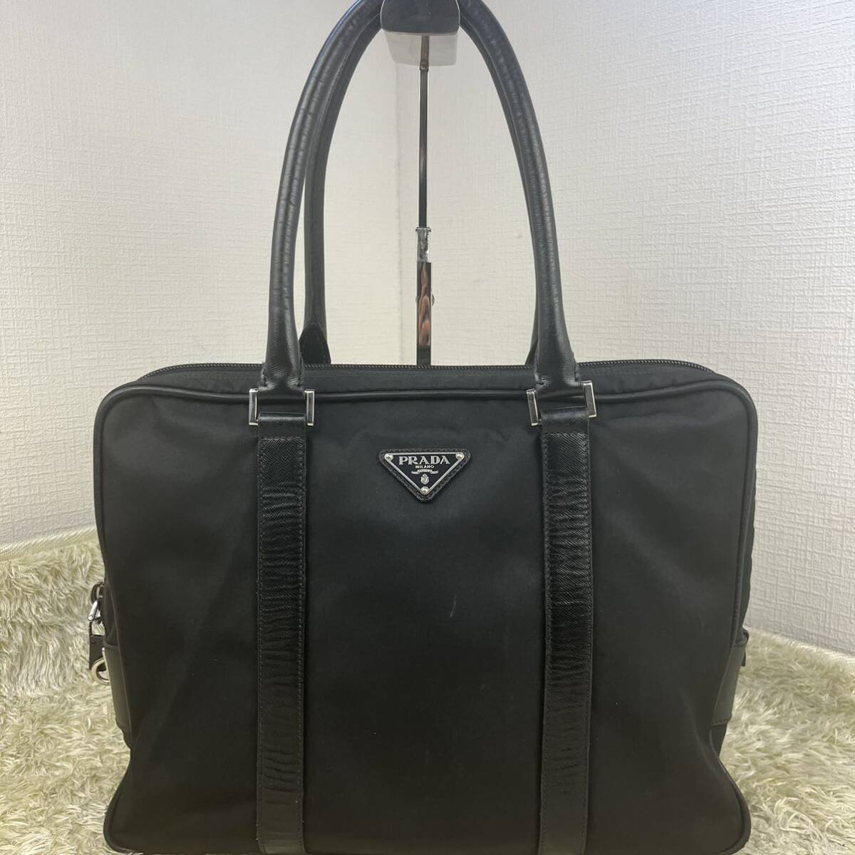 1円 高級品 現行類似● PRADA プラダ ビジネスバッグ ブリーフケース サフィアーノレザー テスートナイロン メンズ 三角ロゴ A4 ブラック_画像4