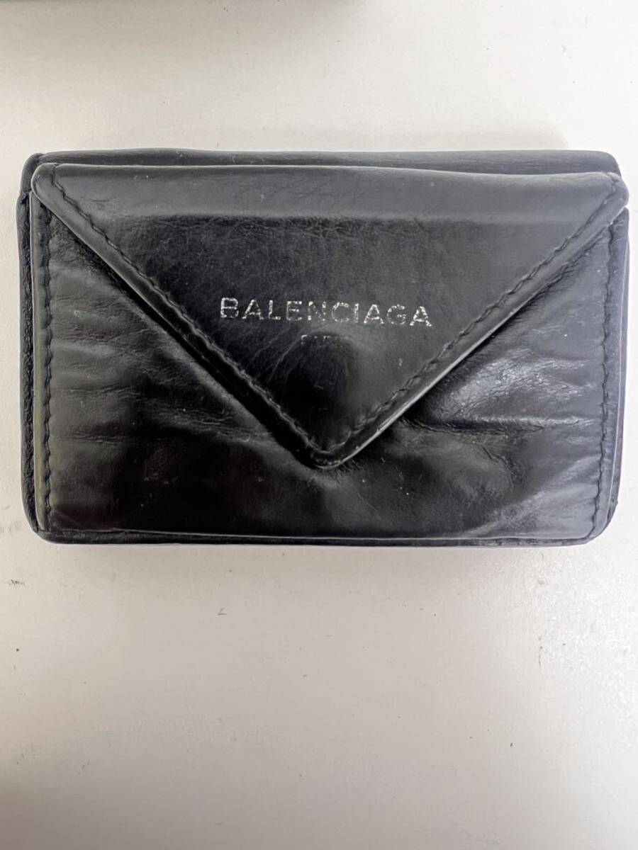 【BALENCIAGA 】バレンシアガ ペーパーミニ コンパクトウォレット 三つ折り財布 ブラック系 レザー 中古_画像2