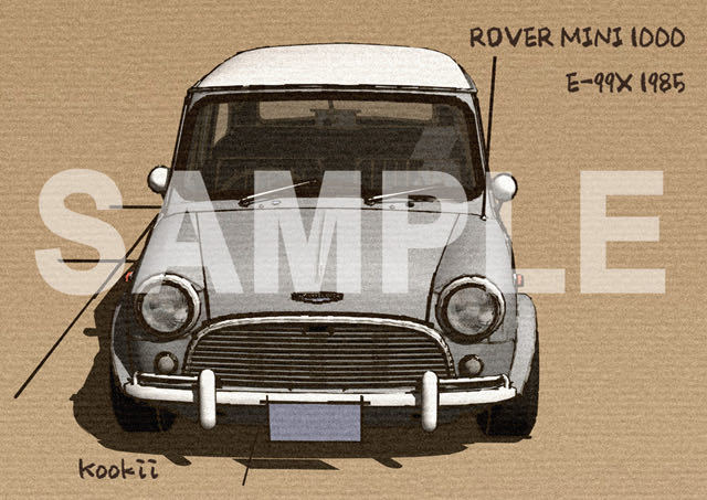 ローバーミニ 1000 E-99X オリジナル手描き風イラスト（旧車、ROVER MINI、オースチン、モーリス、イノチェンティ、クーパー）Ｅ-99X-45の画像1