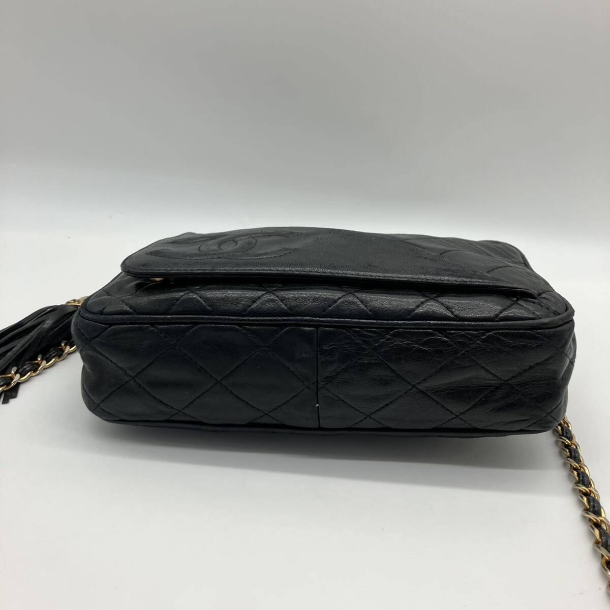 1円〜 CHANEL シャネル フリンジ タッセル ココマーク マトラッセ ラムスキン チェーンショルダーバッグ ブラック　トライアングル_画像6