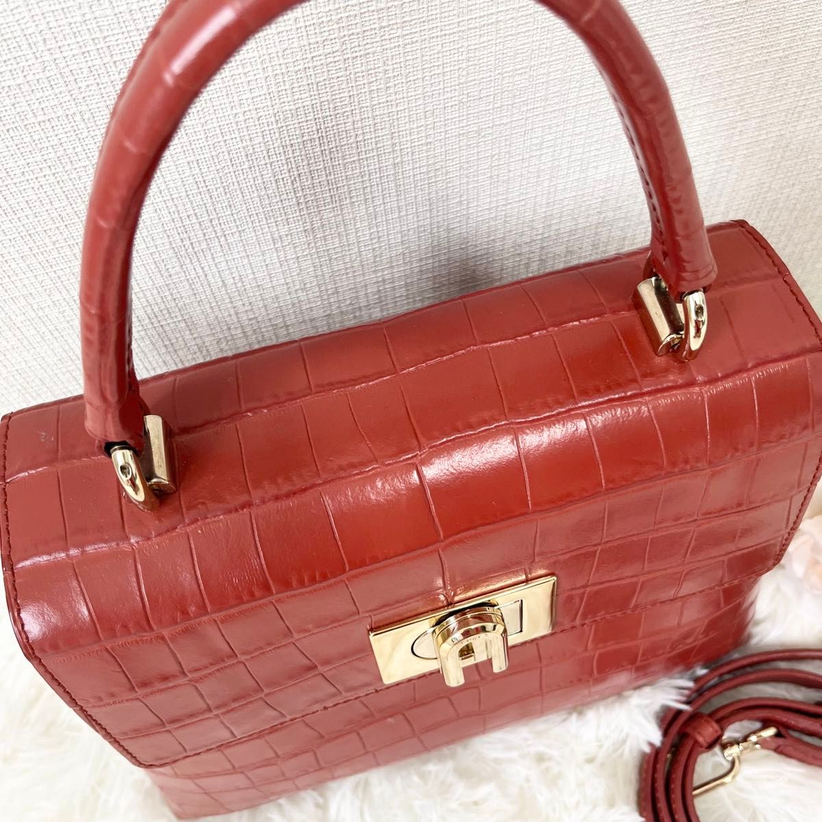 【美品】FURLA 1927 S TOP HANDLE クロコ型押し レアカラー