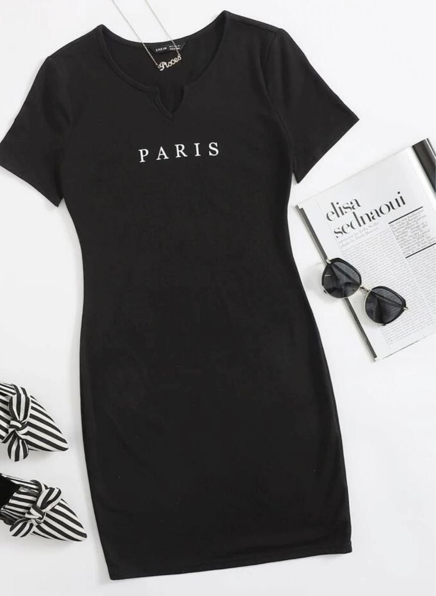 新品未使用品 PARISプリントワンピース チュニック 半袖ワンピース 半袖 黒
