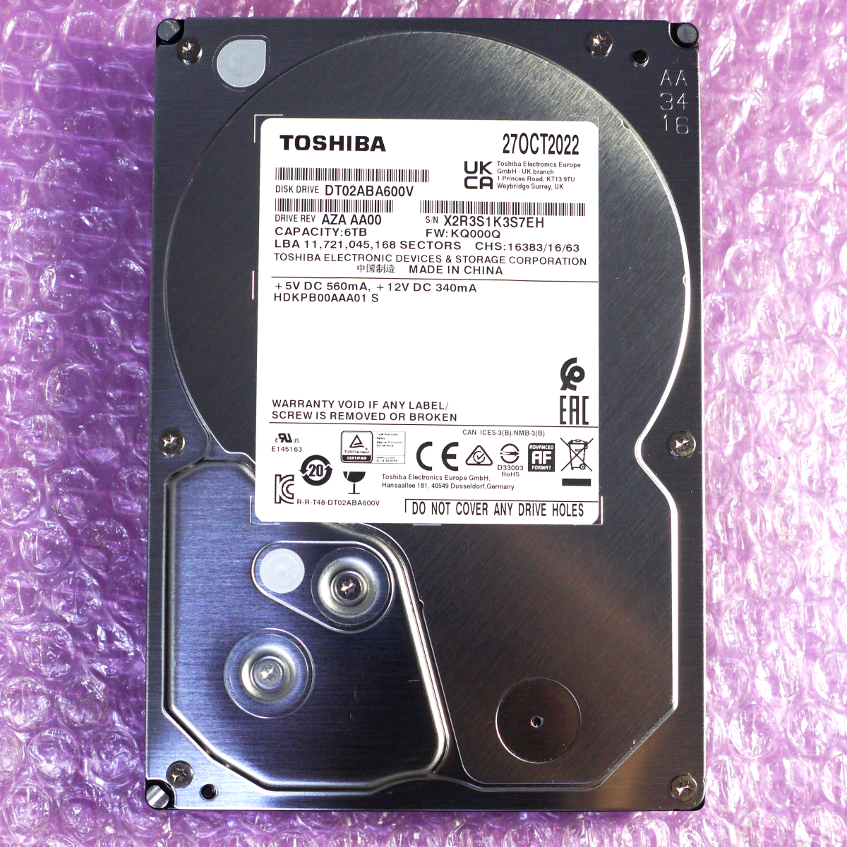 使用1360時間 東芝 TOSHIBA DT02ABA600V 6TB 3.5インチ SATA HDD (AVコマンド対応) (2022年製) _画像1