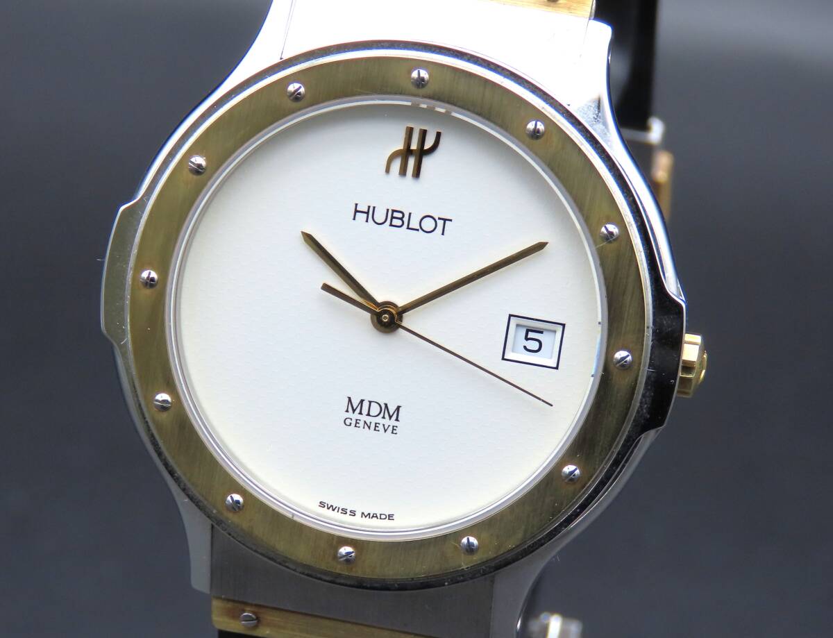 1円～! 稼動品★正規品 HUBLOT ウブロ 1520.2 MDM YGベゼル デイト 純正ブレス ホワイトダイヤル ヴィンテージ メンズ腕時計 TTKLG5744の画像1