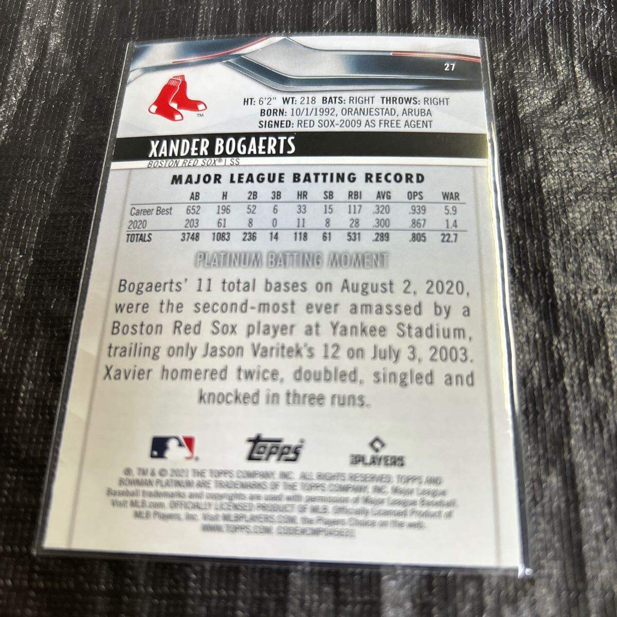 2021 Bowman Platinum Xander Bogaerts Boston Red Sox No.27_画像2