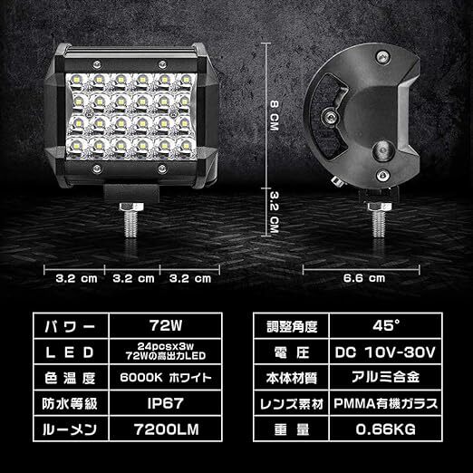 LED ワークライト 72W 2個セット デッキライト 12v/24v 兼用 防水 防塵 防震 タイヤ灯 車幅灯 集魚灯 前照灯_画像5