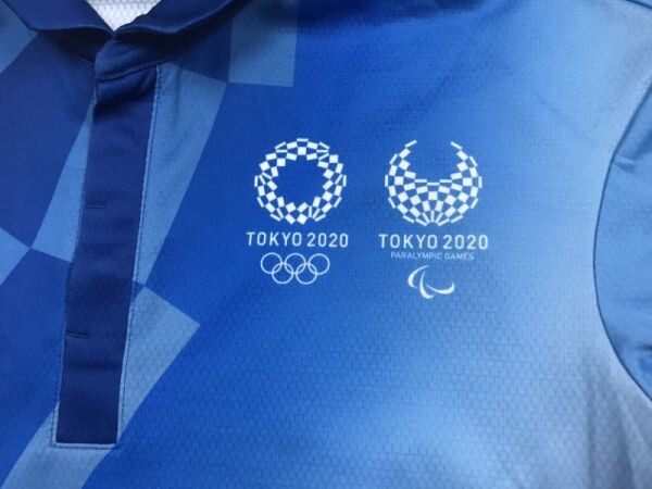 TOKYO 2020 東京オリンピック 夏季五輪 スポーツ ドライメッシュ 総柄 半袖ポロシャツ メンズ ポリエステル100% M 青_画像2