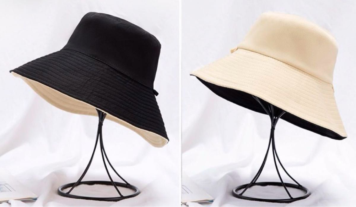 レディース ハット つば広 帽子 黒 ベージュ UV 折り畳める　リバーシブル