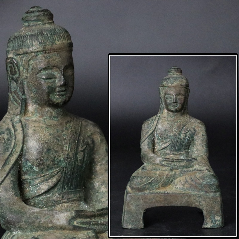 【宙】仏教美術 銅製 釈迦如来坐像 高15.2cm 500g 阿弥陀如来 古仏 仏像唐物骨董 時代仏 C4G17.l.Bの画像1