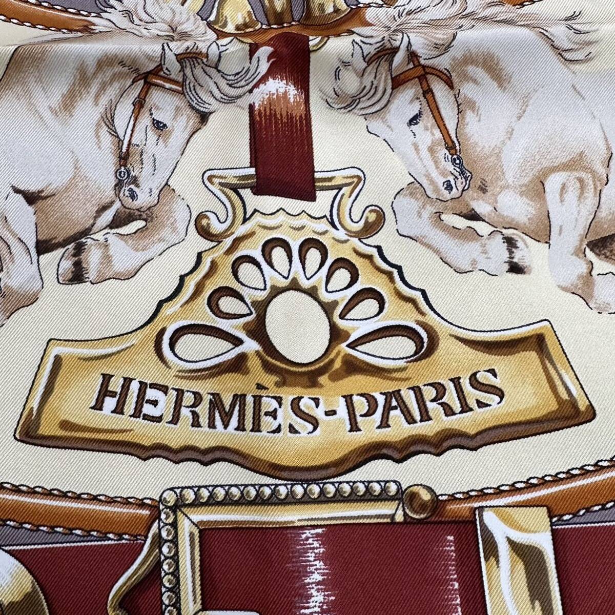 2367【最高峰・美品】HERMES エルメス 大判スカーフ ストール カレ90 CHEVAUX DE TRAIT 輓馬 ホース シルク100% フランス製の画像9
