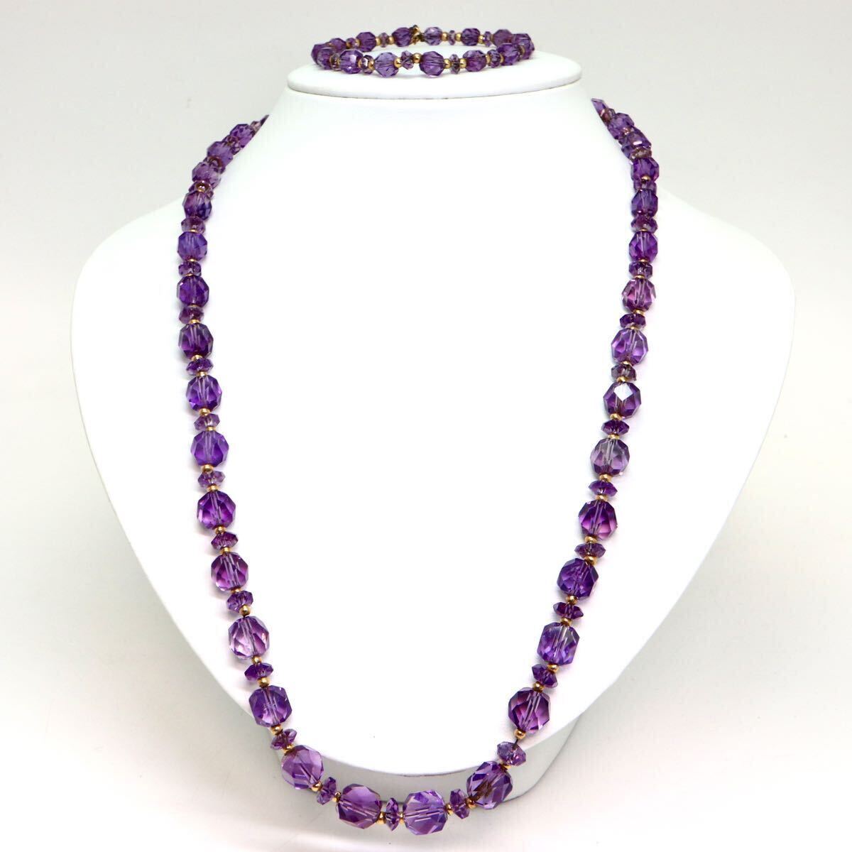 《K18/K14 天然アメジストネックレス&ブレスレット》M 約51.4g 約60.5/21cm 約10mm珠 amethyst necklace ジュエリー jewelry DI0/EA2_画像2