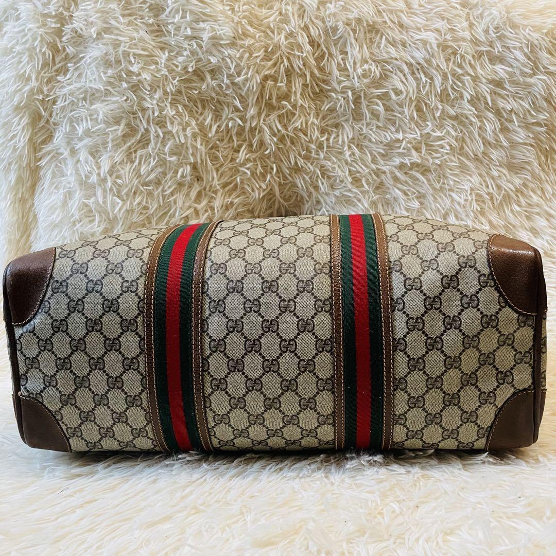 美品＊GUCCI グッチ ハンドバッグ ボストン gg 金具 pvc レザー 革 シェリーライン 旅行鞄 大容量 ロック ベージュ ブラウン 保存袋つきの画像3