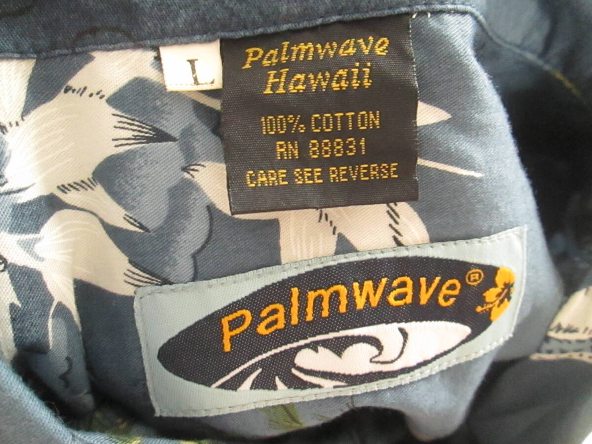 Palmwave パームウェーブ メンズ Ｌ ☆ コットン 開襟 アロハシャツ 半袖シャツ ☆ ブルーグレー系 ☆ ヤシの木 南国 風景_画像10