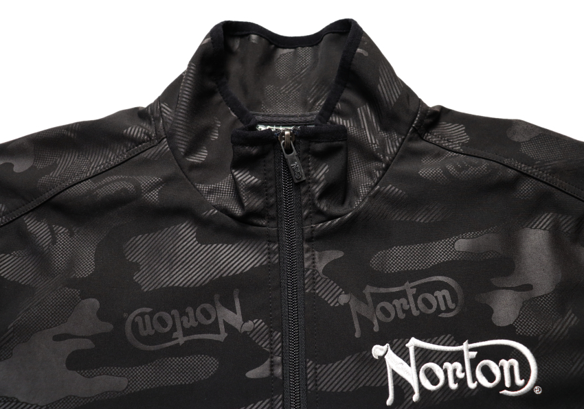 Norton ノートン 刺繍 ロゴ 防風 カモフラ 総柄 スタンド ジャケット サイズXXL ブラック 古着 迷彩 バイク メンズ アウター_画像3