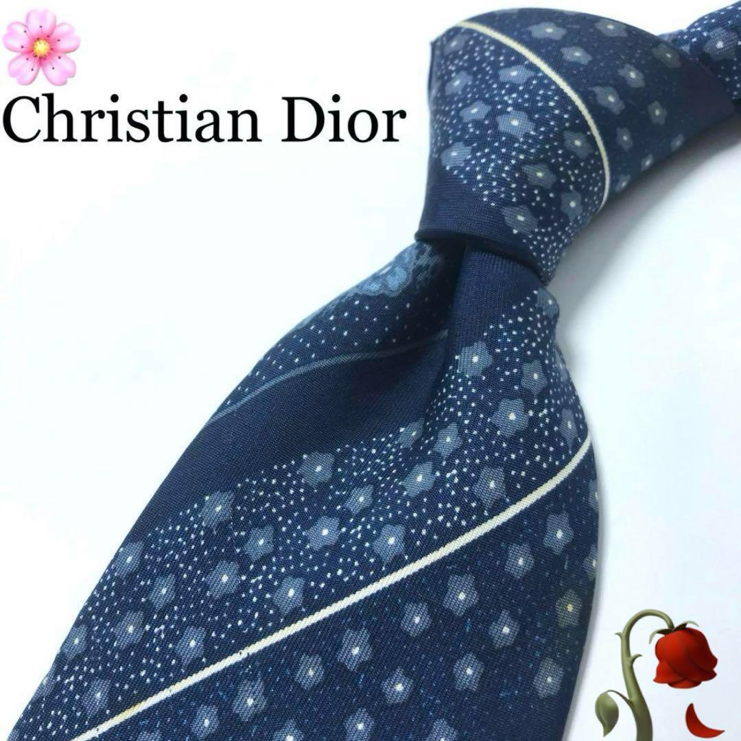 【大特価】Christian Dior　クリスチャン　ディオール　ネクタイ　ネイビー　総柄　小紋柄　ストライプ　シルク　ブルー　ホワイト　白_画像1