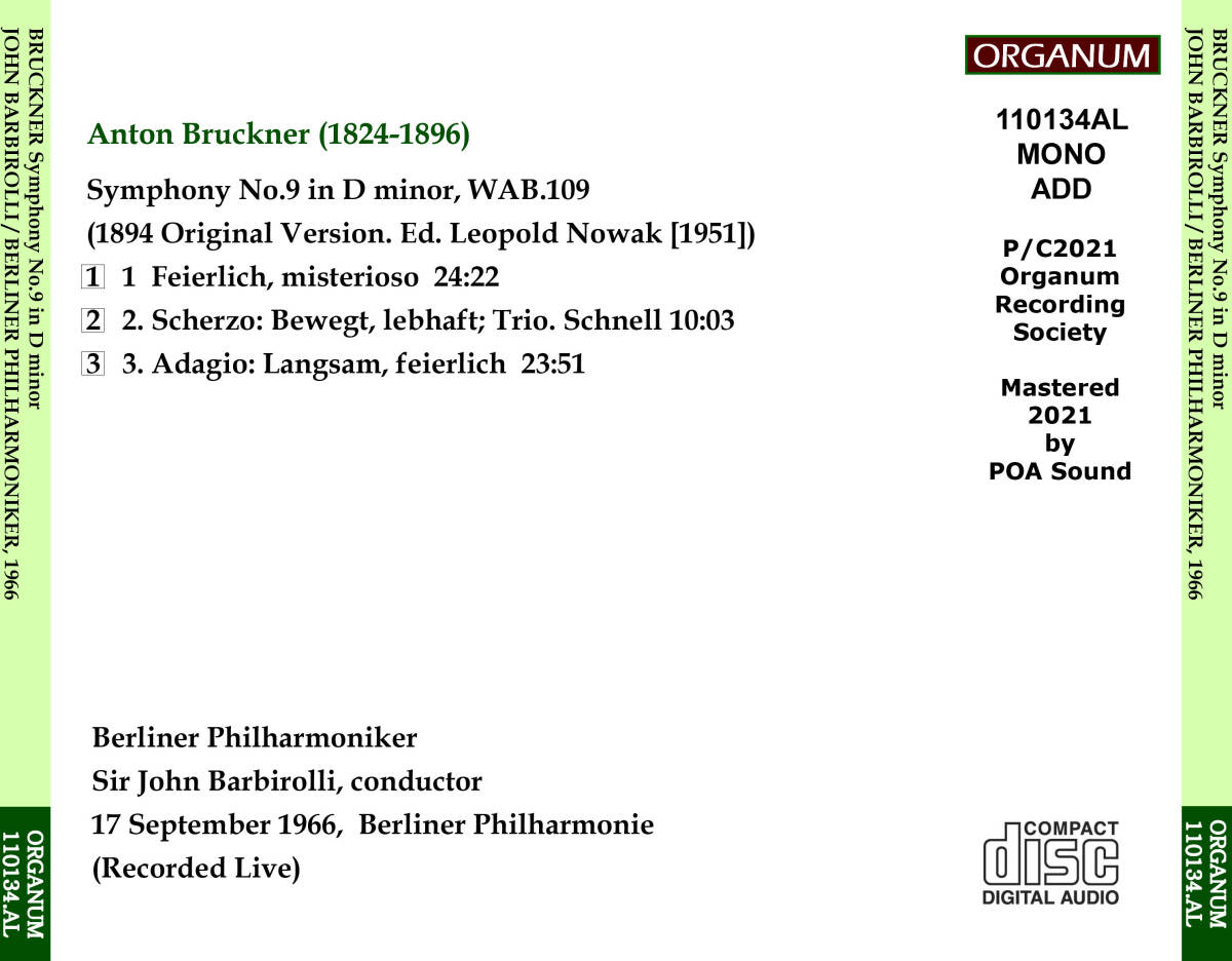 [CD-R] ORGANUM バルビローリ＆ベルリン・フィル '66年ライヴ／ブルックナー 交響曲第９番_画像2