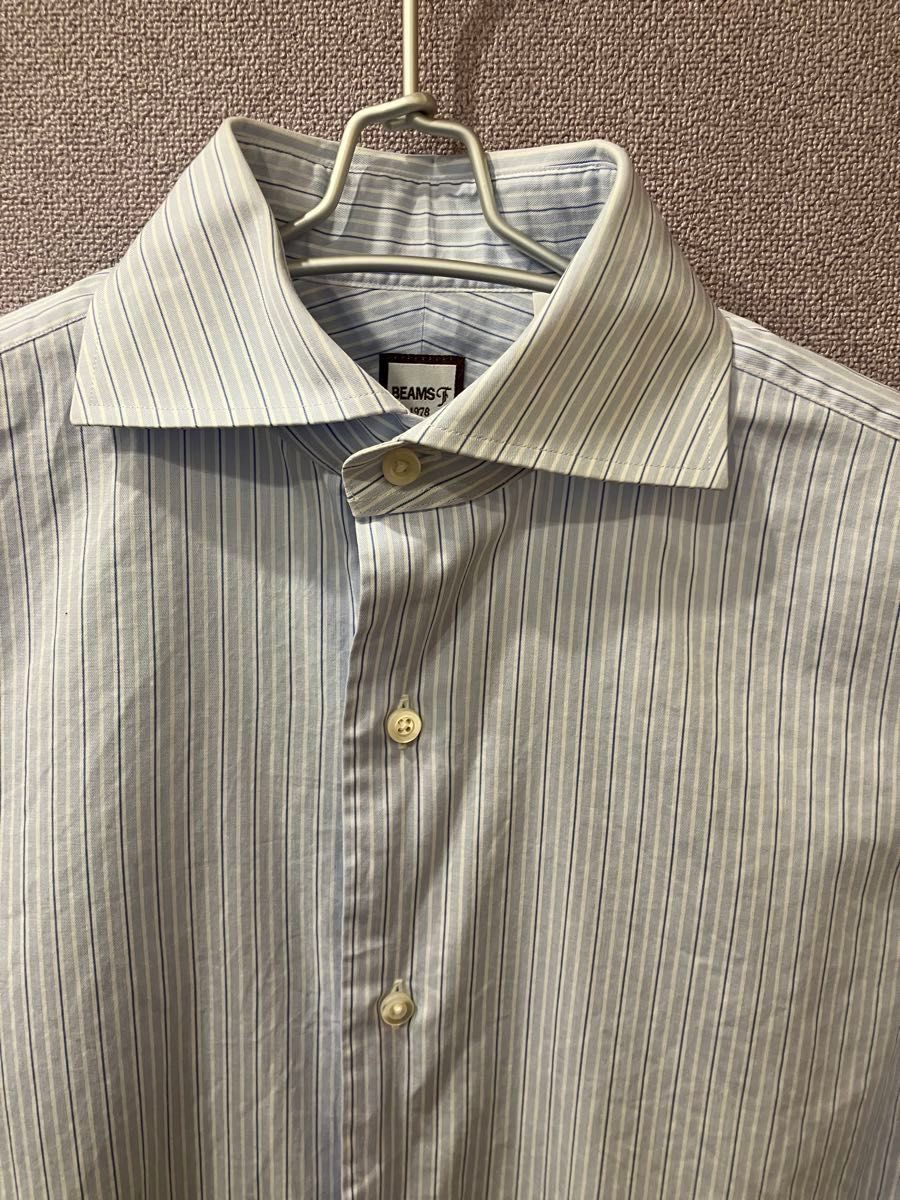 【美品】ビームスエフ　BeamsF 長袖ドレスシャツ ストライプ　水色 ブルー　ワイドカラー　スリムフィット