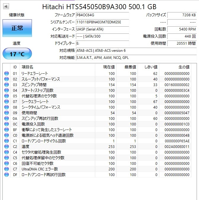 日立　HGST　HTS545050B9A300　500GB 2.5インチ　使用時間20551時間_画像2