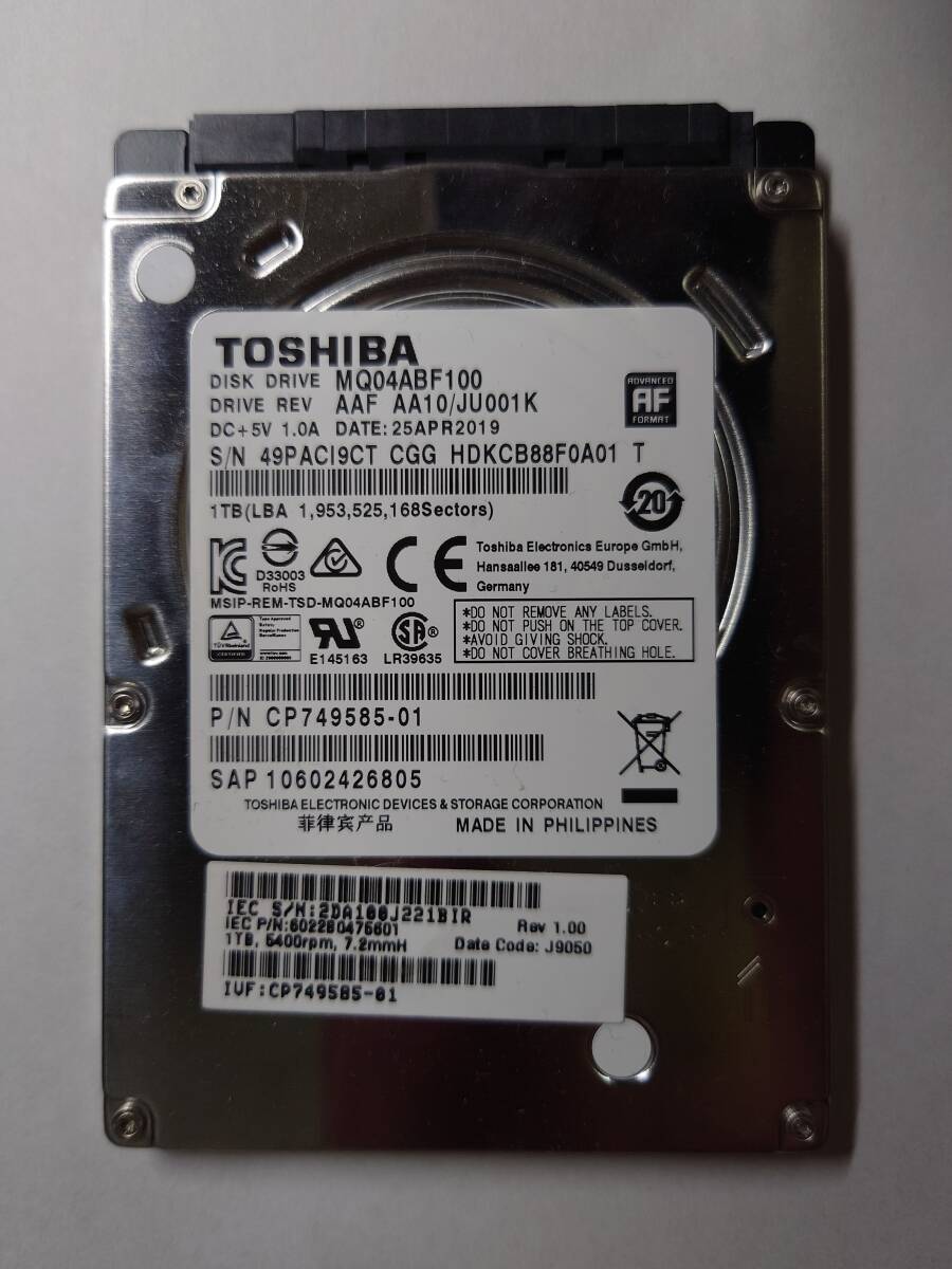 正常品　使用時間　187時間　東芝　TOSHIBA MQ04ABF100　1TB　HDD　2.5インチ　7ｍｍ_画像1