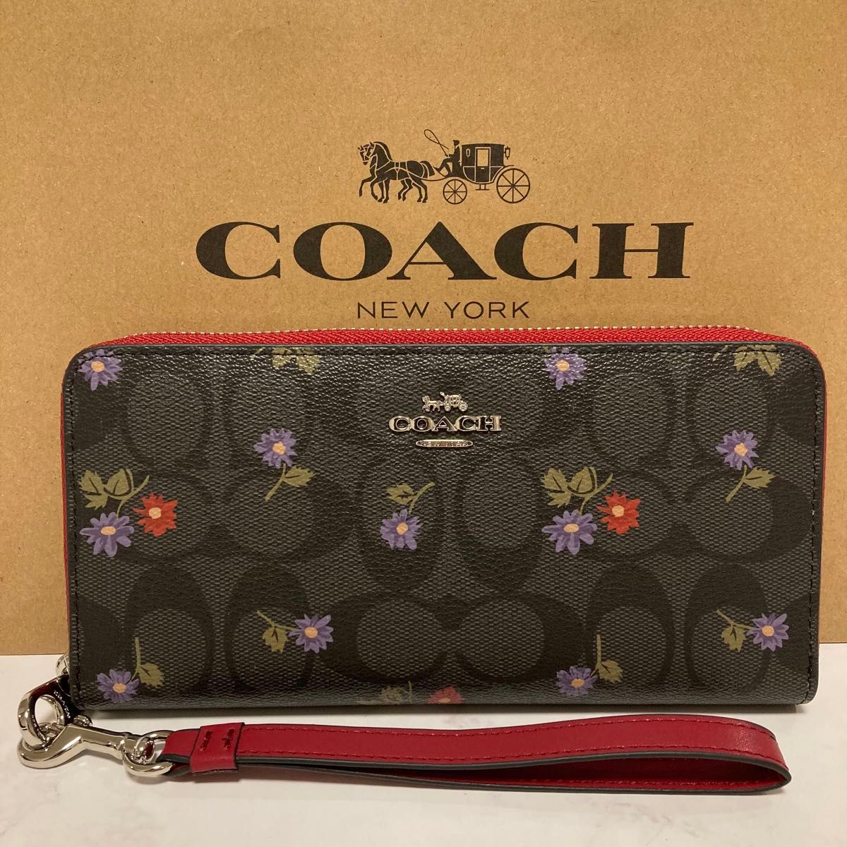 新品　COACH 長財布　コーチ レディース メンズ ブラック レッド  シグネチャー 花柄