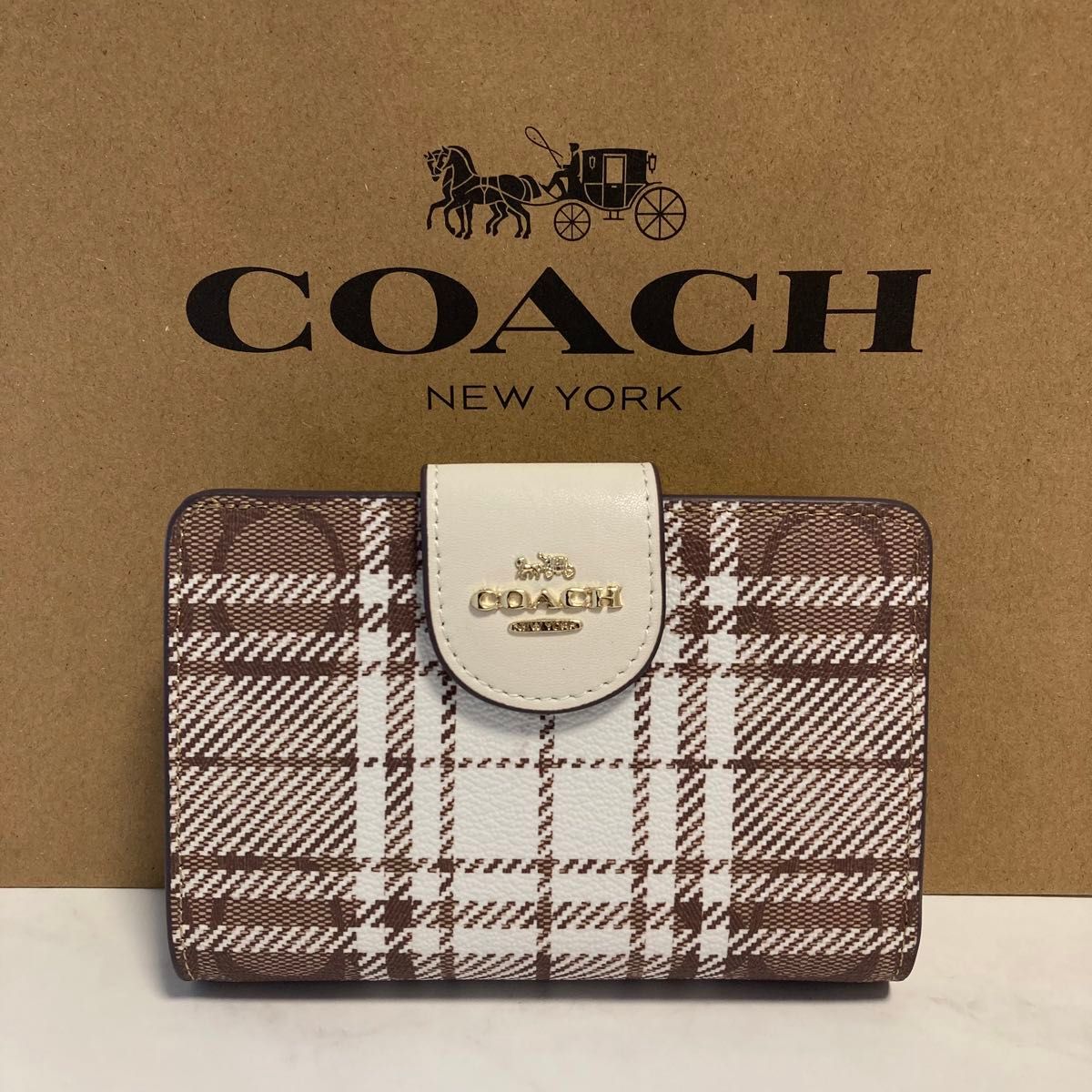 新品　COACH 長財布　コーチ　二つ折り財布　レディース メンズ ホワイト ブラウン チェック