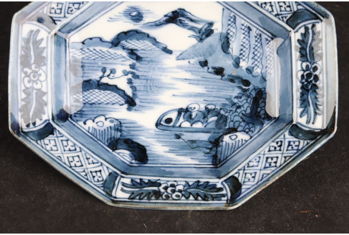 [URA] old Imari / blue and white ceramics landscape map boat writing plate /13-5-26 ( search ) antique /.. plate / platter / ornament plate / small bowl / break up ./. stone / Japanese-style tableware / sashimi plate / Arita / old Imari 