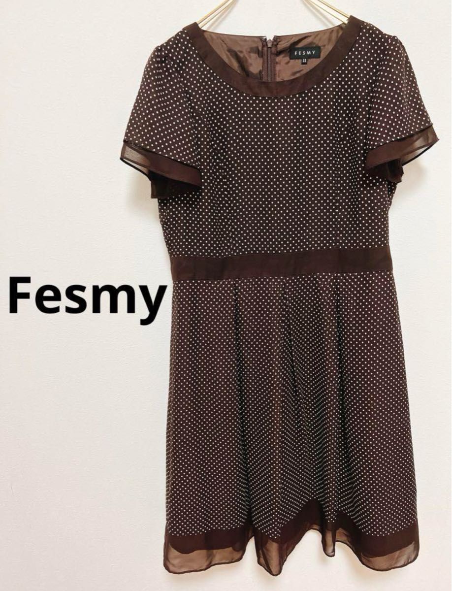 Fesmy フェスミー　ワンピース　水玉　半袖　ひざ丈　Lサイズ　美品