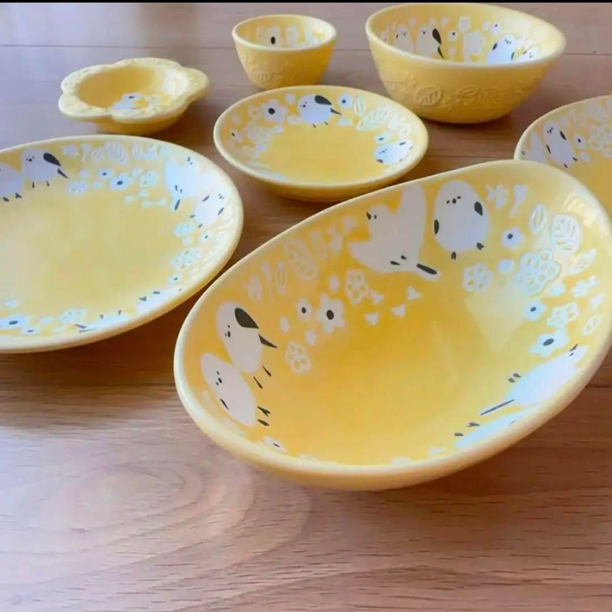 シマエナガ プレート 取り皿 小皿 14枚 食器 皿　陶器　黄色　イエロー　お皿