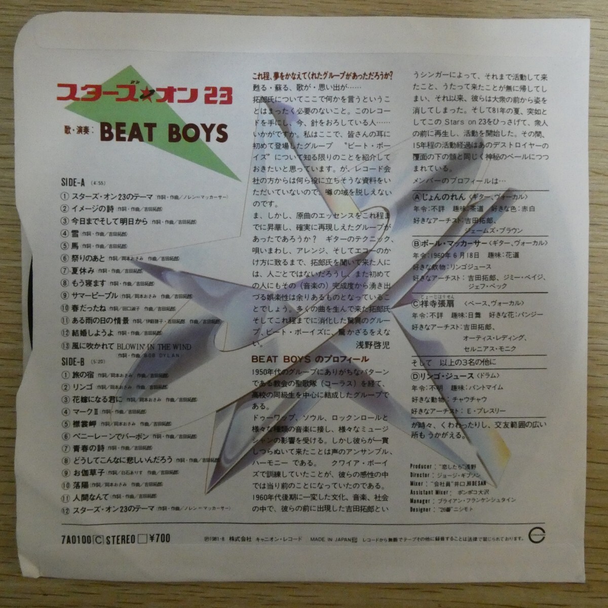 EP6500「スターズ・オン23 / BEAT BOYS / 7A0100」THE ALFEE 吉田拓郎_画像2