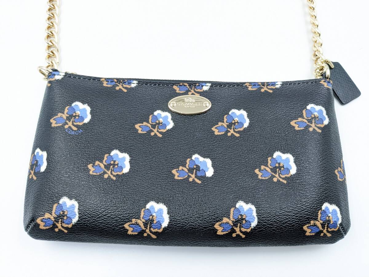 1000円～【美品】★ コーチ COACH 35882 レザー フラワー 花柄 ショルダーバッグ ブラック ★ゴールドチェーン ウォレット ポシェット_画像2