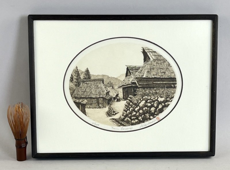 ab23 genuine work .. wide person etching Farm House43 copperplate engraving landscape painting frame 133/200