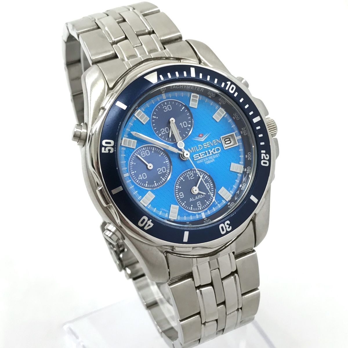 超美品 SEIKO セイコー MILD SEVEN マイルドセブン 腕時計 Y182-6F00 クオーツ アナログ ラウンド ブルー シルバー クロノグラフ 10気圧の画像4