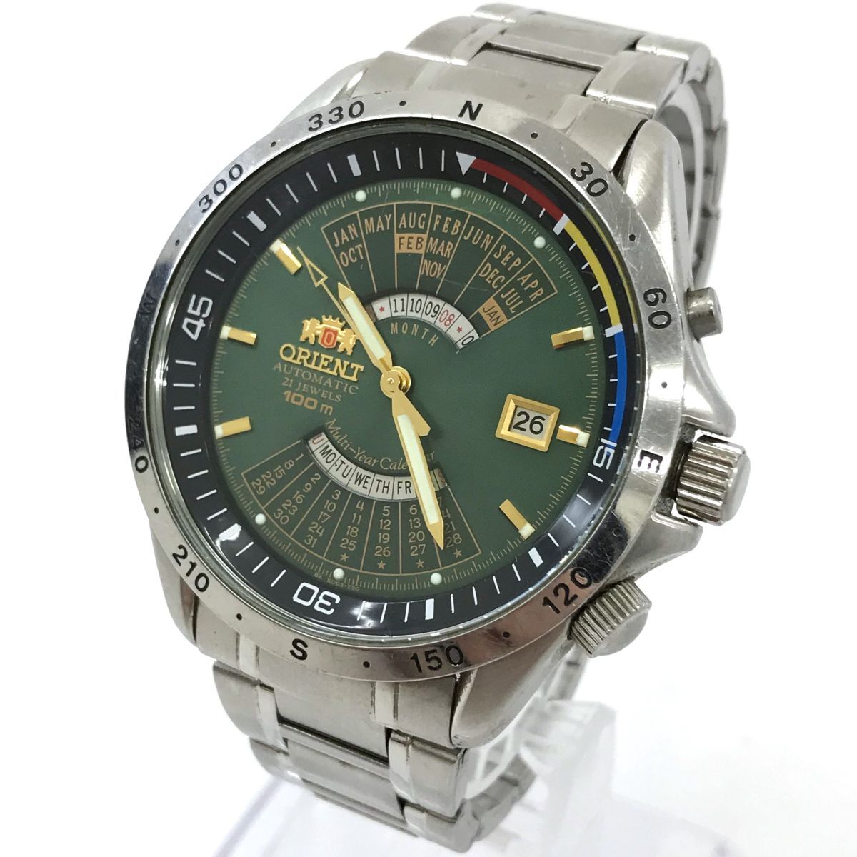 ORIENT オリエント 腕時計 EU03-C1 CA 自動巻き オートマティック アナログ ラウンド カーキ グリーン シルバ－ カレンダー 動作確認済みの画像3