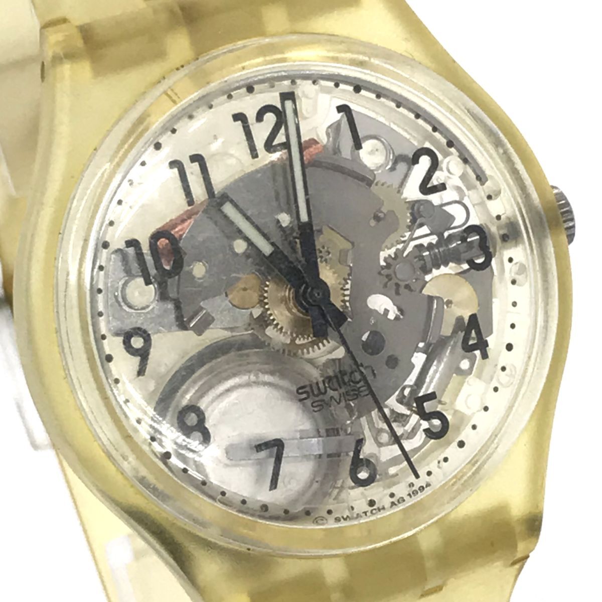 Swatch Swatch наручные часы кварц коллекция модный желтый желтый цвет каркас легкий легкий прозрачный прозрачный батарейка заменен рабочее состояние подтверждено 