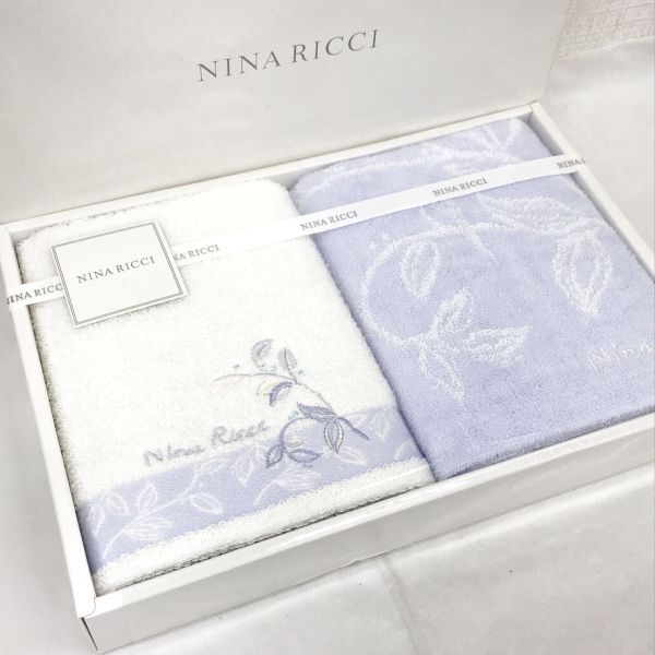 新品 未使用 NINA RICCI ニナリッチ タオル 2枚セット フェイスタオル ホワイト ブルー ギフト シンプル バス用品 雑貨 おしゃれの画像1