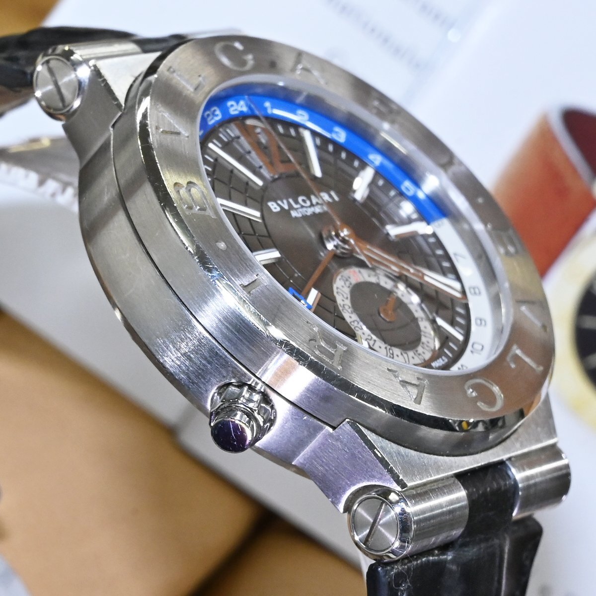 本物 超美品 ブルガリ DG40C14SSDGMT ディアゴノ40 GMT メンズ收藏 男性用自動巻腕時計 純正ベルト Dバックル 保存箱 冊子付 BVLGARI_画像5