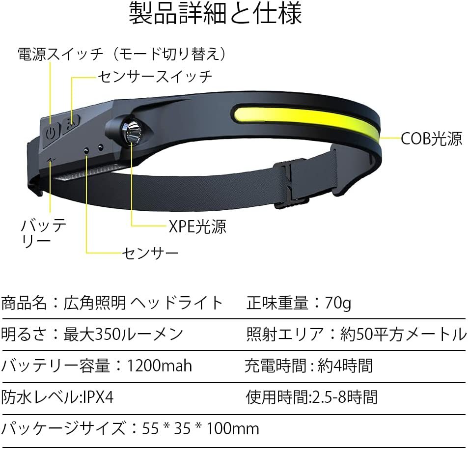 【軽量センサー　2個セット】ヘッドライト LED 充電式 ヘッドランプ 5アウトドア用ヘッドライト IPX4防水 防塵￥ ヘッド ライト 釣り _画像7