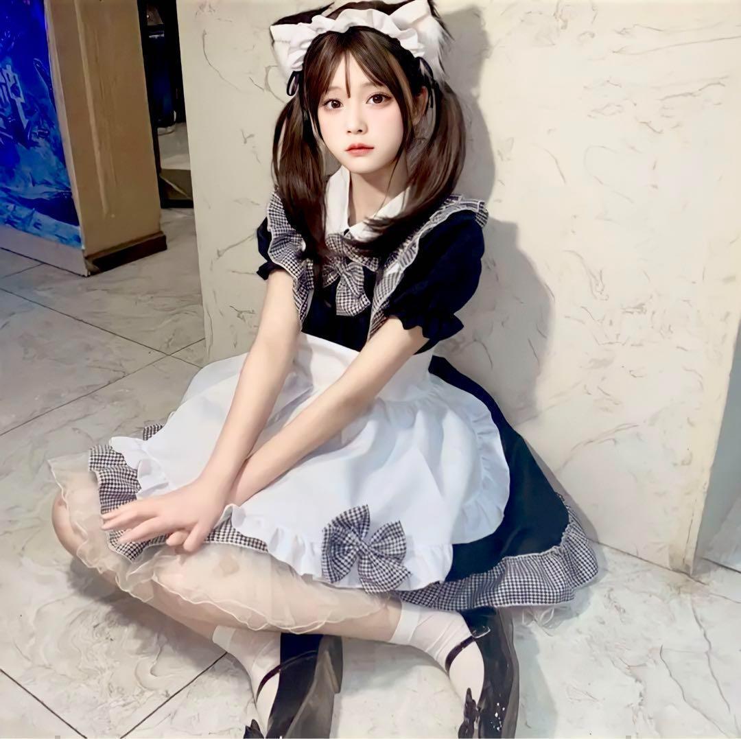 S メイド服　コンカフェ　ギンガムチェック　仮装　コスプレ　可愛い　セット 