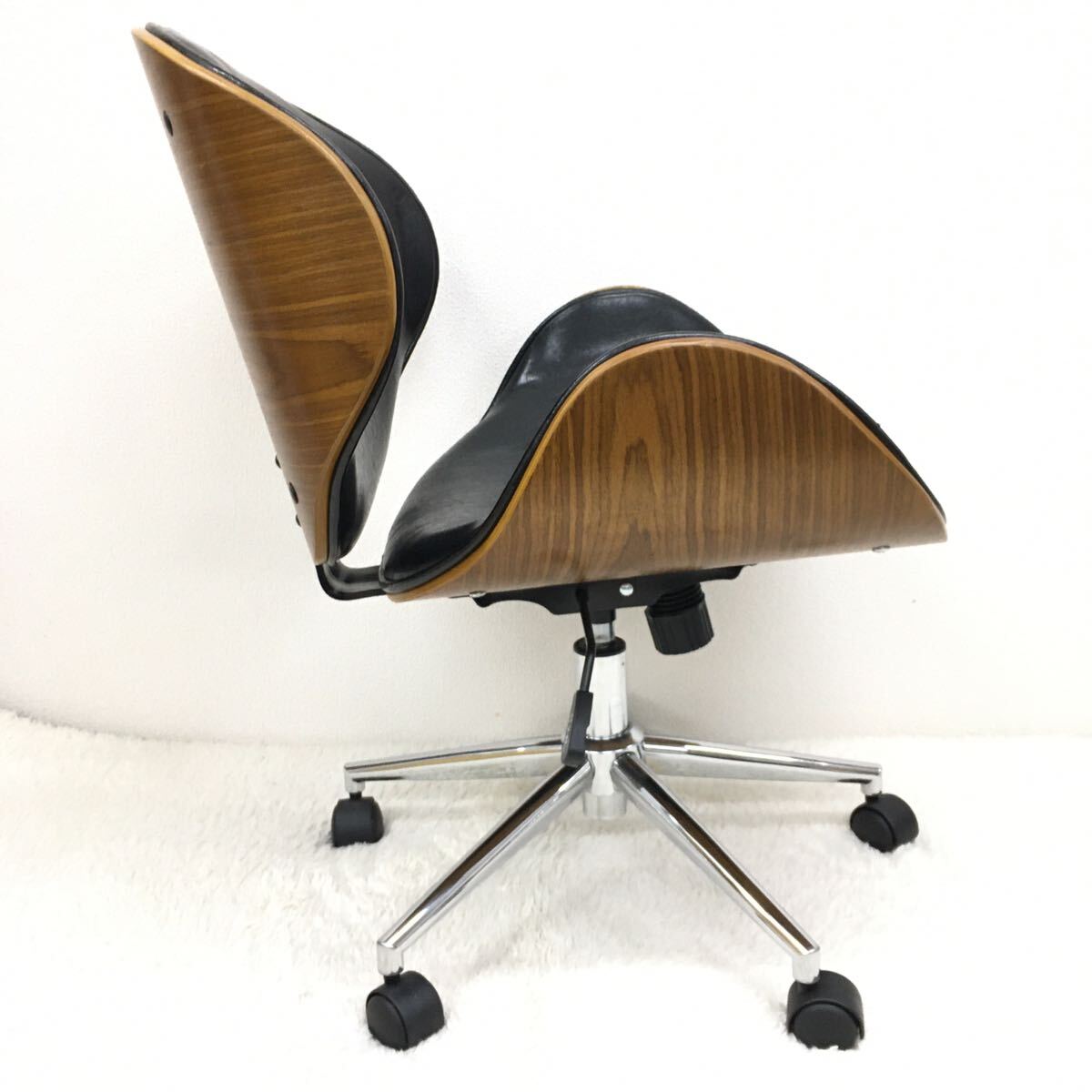 KNOX ノースチェア レトロ オフィスチェア 革張り 合成皮革 モダン木目曲線 書斎椅子 人間工学 ガス厚式昇降機能 ブラック