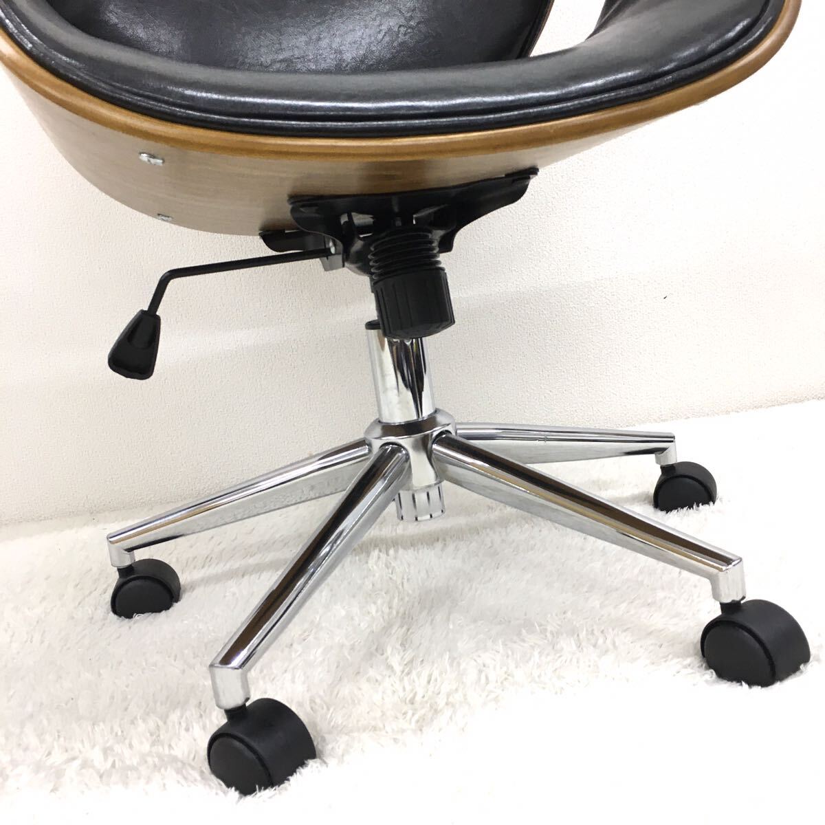 KNOX ノースチェア レトロ オフィスチェア 革張り 合成皮革 モダン木目曲線 書斎椅子 人間工学 ガス厚式昇降機能 ブラック