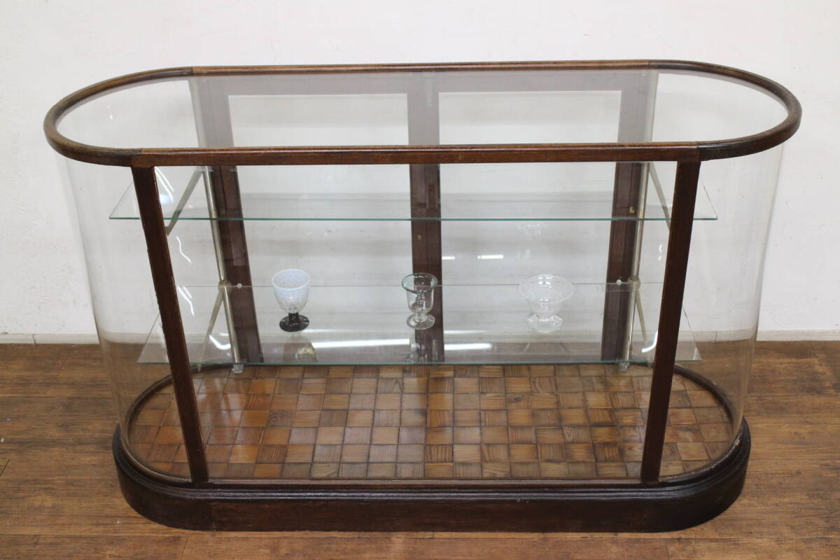  antique display shelf glass case showcase ellipse R type counter wooden 