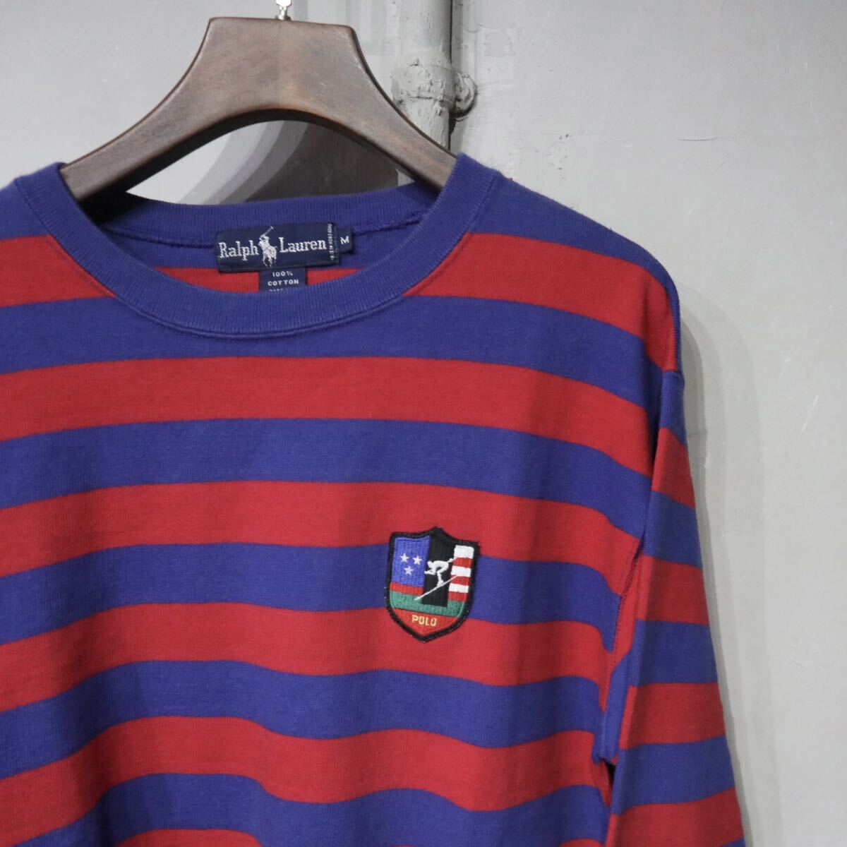 【即決】90s polo ralph lauren ポロラルフローレン スーサイドスキー ワッペン ボーダー カットソー ロング Tシャツ レッド ブルー 古着 M_画像1