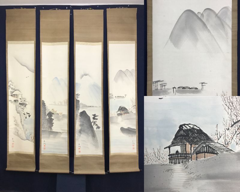【真作】森月城/田家梅香図/梅花図/山水図/掛軸/名家伝来/AC-224 真作/松本姿水/春景田家図/水温む/梅花山水図/早春図/山水図