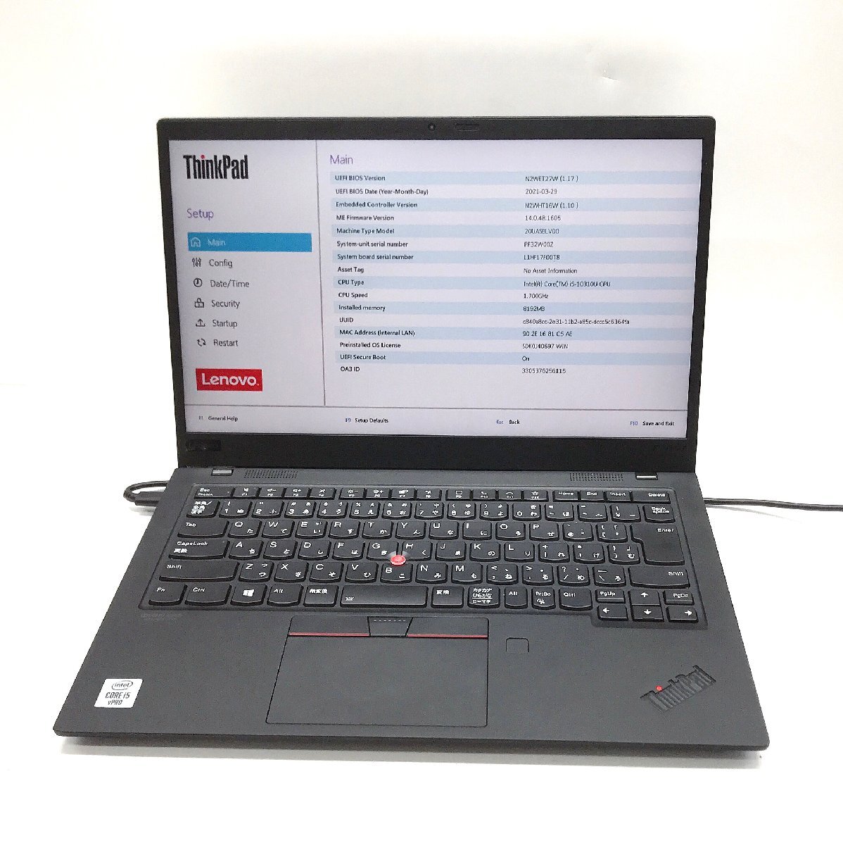 NT: lenovo ThinkPad X1 Carbon Gen8/Corei5-10310U 1.70GHz/ メモリ：8GB /無線/ノートパソコン ジャンクの画像1