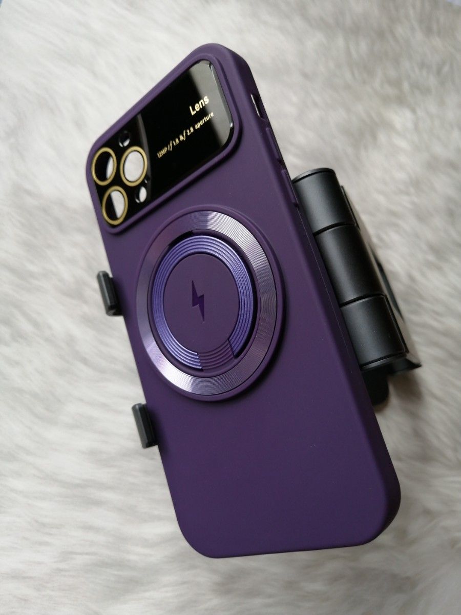 iPhone12Pro 用ケース MagSafe対応 カメラレンズ保護大型ビューウィンドウ パープル スマホスタンド用リング付属